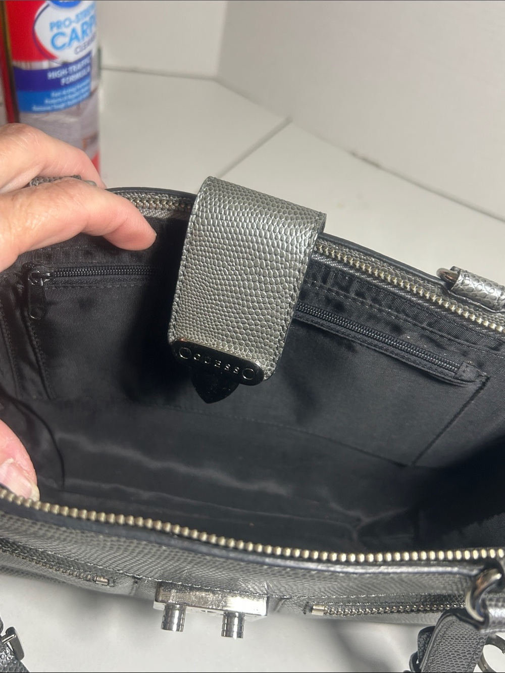 Guess Metallic Silver Shoulder Bag with Front Zip Pockets - Picture 9 of 9